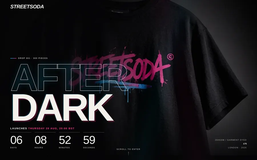 A streetwear drop page with a countdown over a product photograph