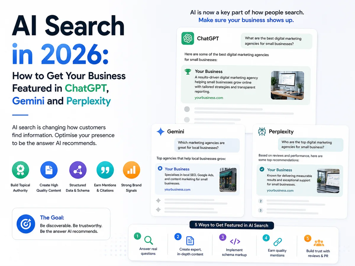 AI search infographic showing a business featured in ChatGPT, Gemini and Perplexity results