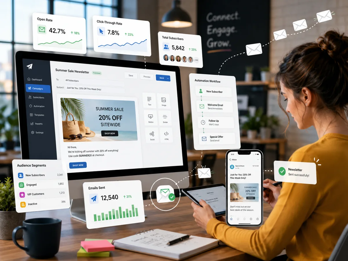Email marketing dashboard showing open rate, click-through rate and campaign automation workflow