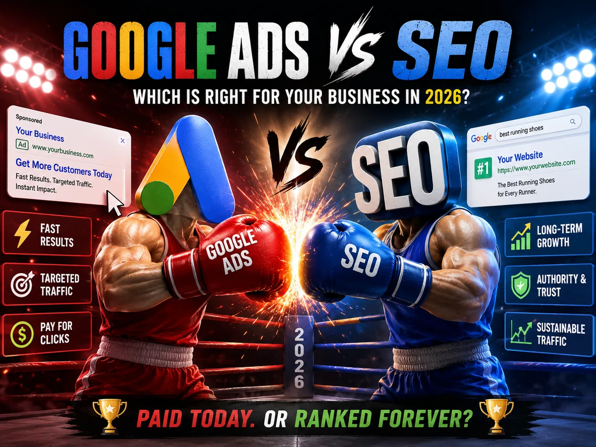 Google Ads versus SEO comparison graphic for 2026