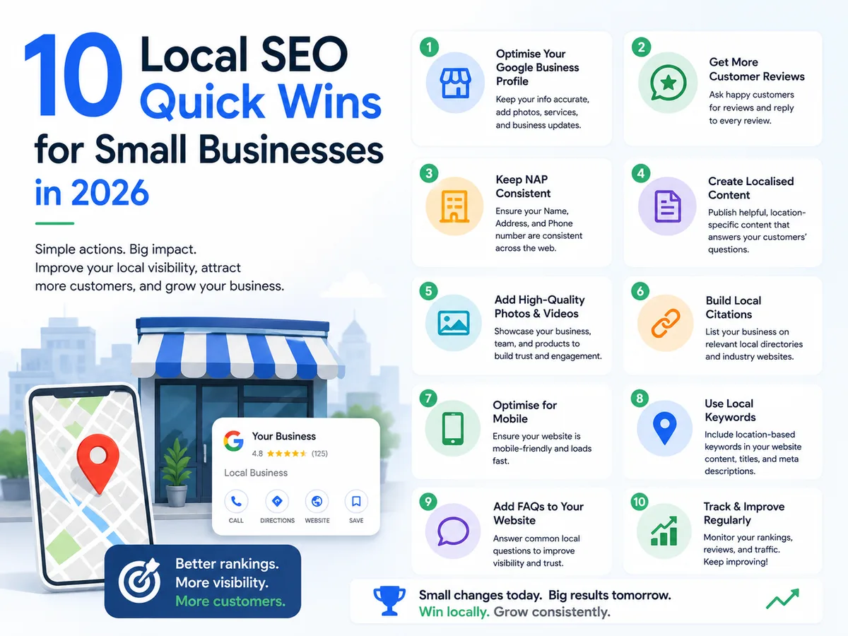 Ten local SEO quick wins infographic for small businesses in 2026