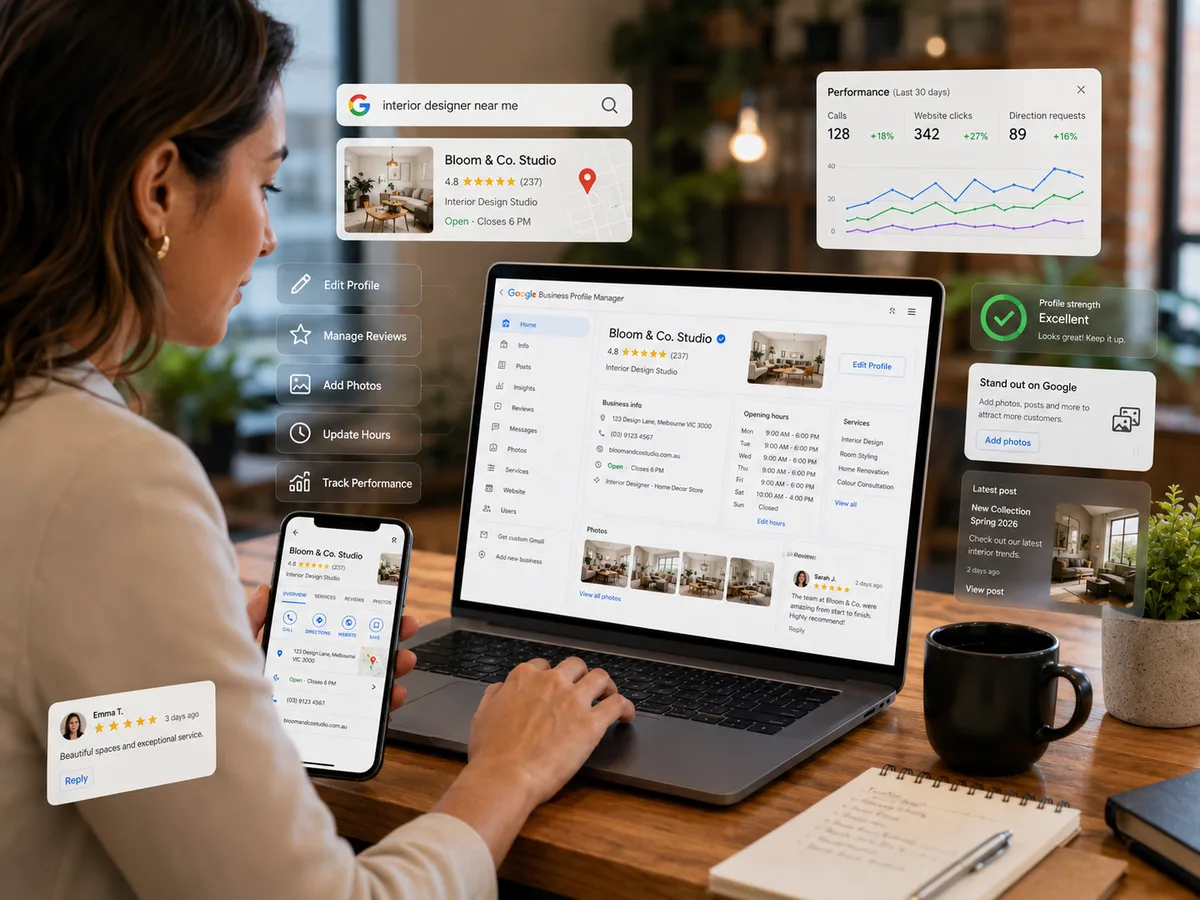 Google Business Profile manager dashboard showing reviews and performance metrics