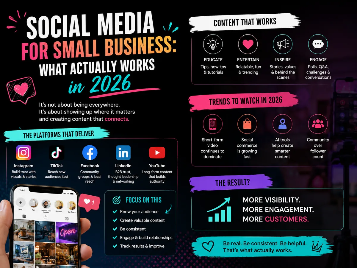 Social media for small business infographic showing platforms and content types that work in 2026