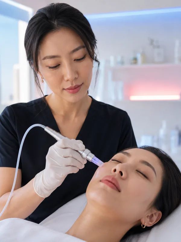 A gloved hand bringing a fine microneedling applicator close to a client's cheek.