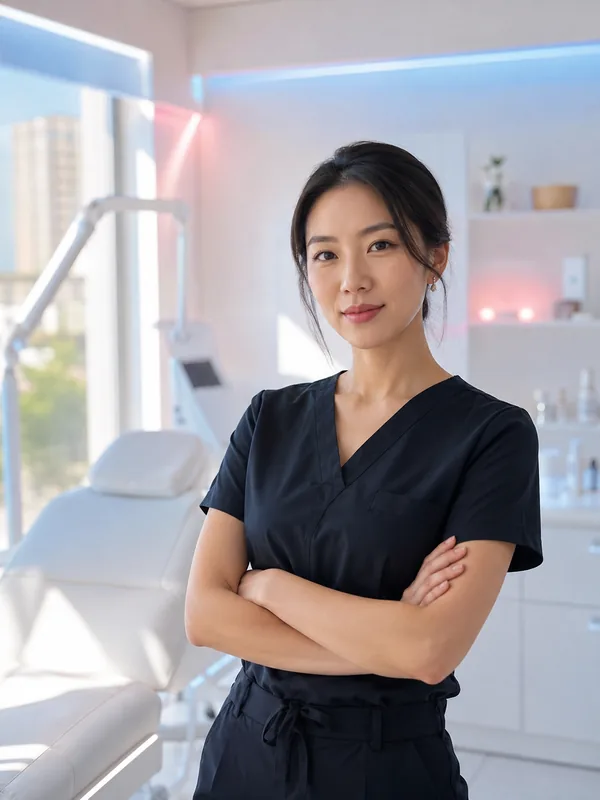 An aesthetics practitioner standing in her treatment room, arms folded, looking straight at the camera.