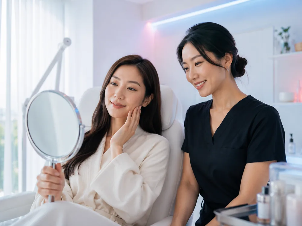 A client looking at her face in a hand mirror while the practitioner watches, both pleased.