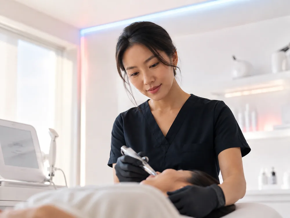 A practitioner working on a client's cheek with a handheld device, focused on the work.