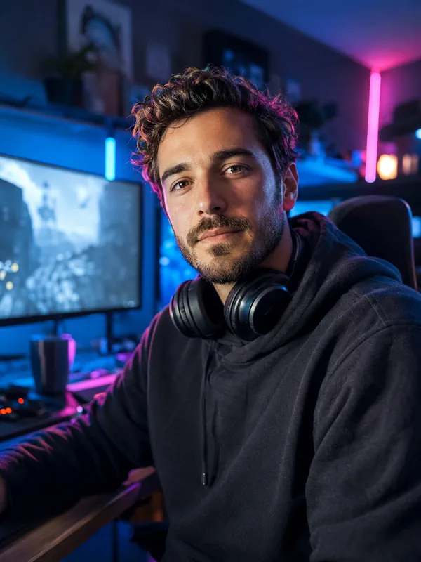 A game developer at a lit rig, headphones round the neck, looking straight at the camera.