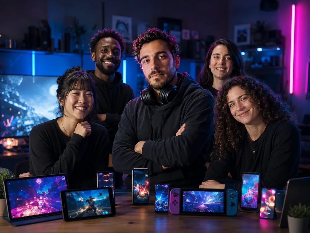 A development team behind a table of phones, tablets and handhelds at launch.