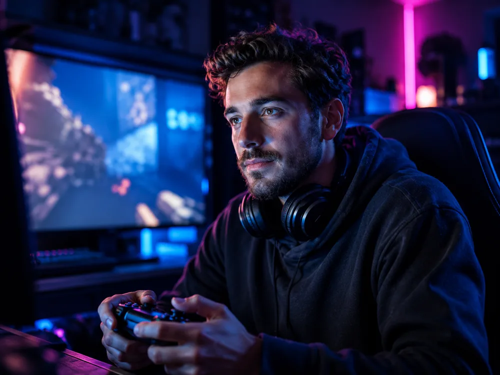 A developer playtesting with a controller, screen glow across his face.