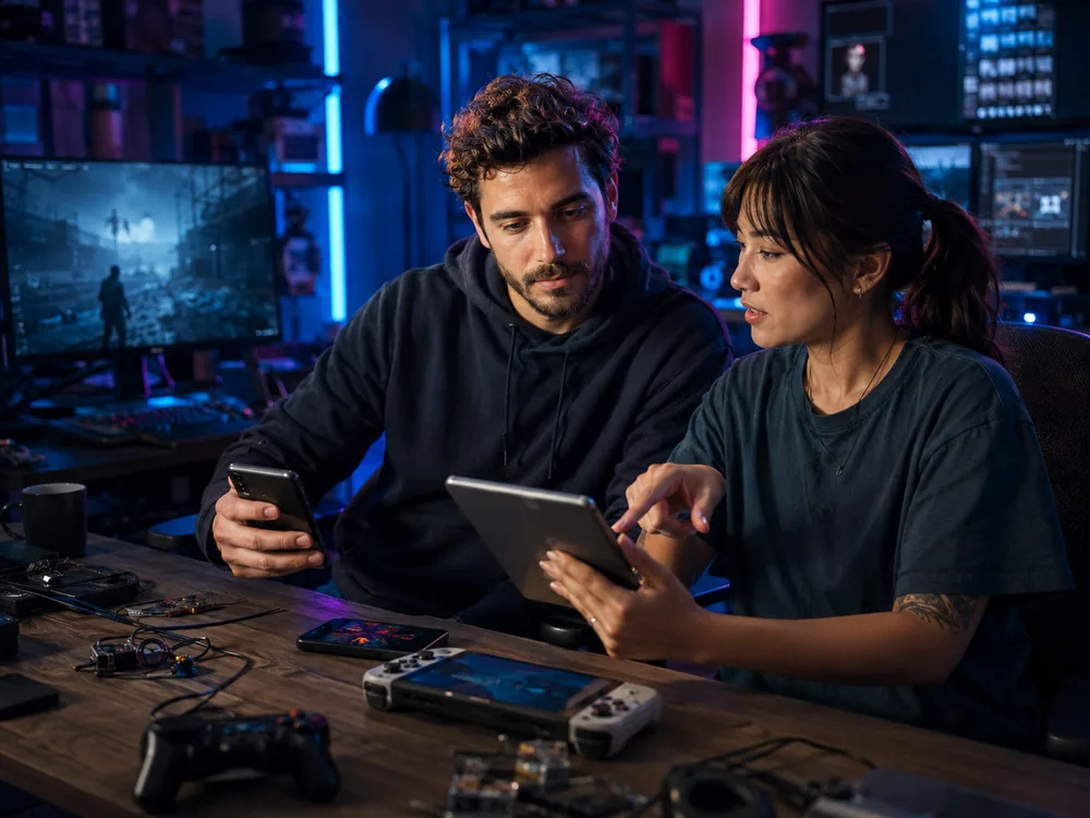 Two developers at a test bench with devices out, mid-discussion over a tablet.