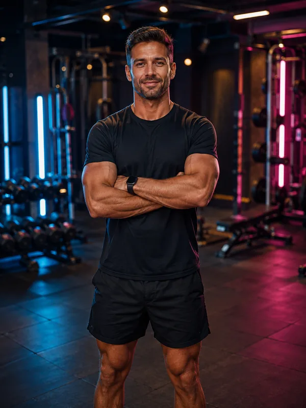 A personal trainer standing on the gym floor, arms folded, looking straight at the camera.
