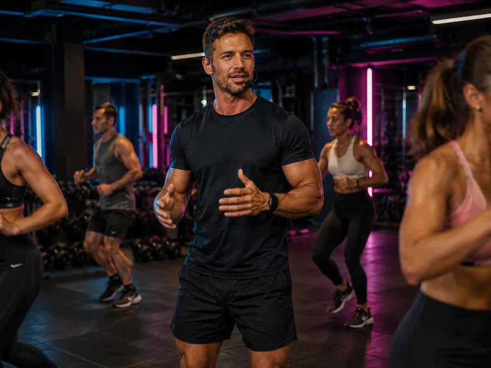 A trainer leading a class, sharp among several people moving around him.