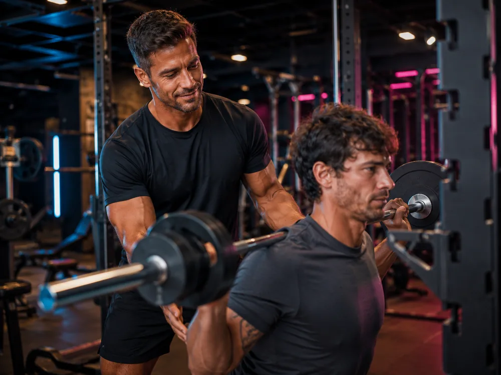 A trainer guiding a client through a barbell lift, hands on the bar.