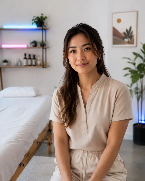 A massage therapist sitting beside the treatment couch, looking calmly at the camera.