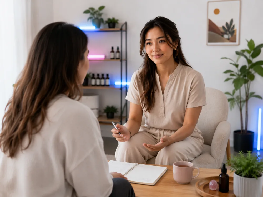 A therapist talking a client through a plan across a low table, notebook open.