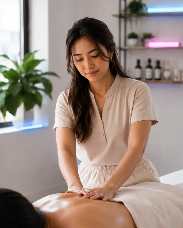 A therapist working on a client's back mid-treatment, hands flat, client out of focus.