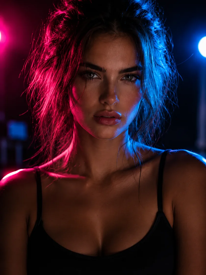A model on set under hard cyan and magenta rim lighting, looking straight into the lens.