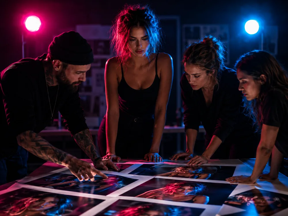 Four people from a studio team leaning over a table covered in finished prints.