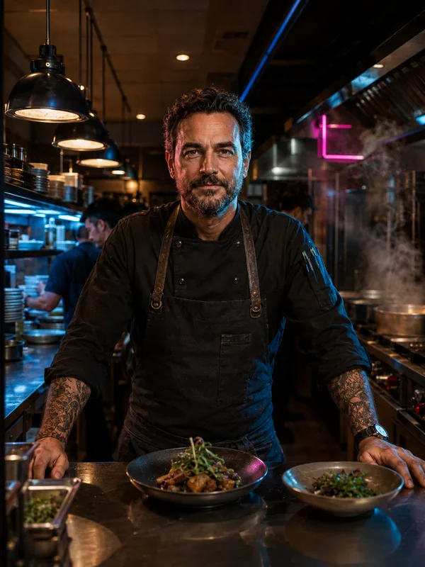 A chef standing at the pass in a working kitchen, looking straight at the camera, steam and neon behind him.