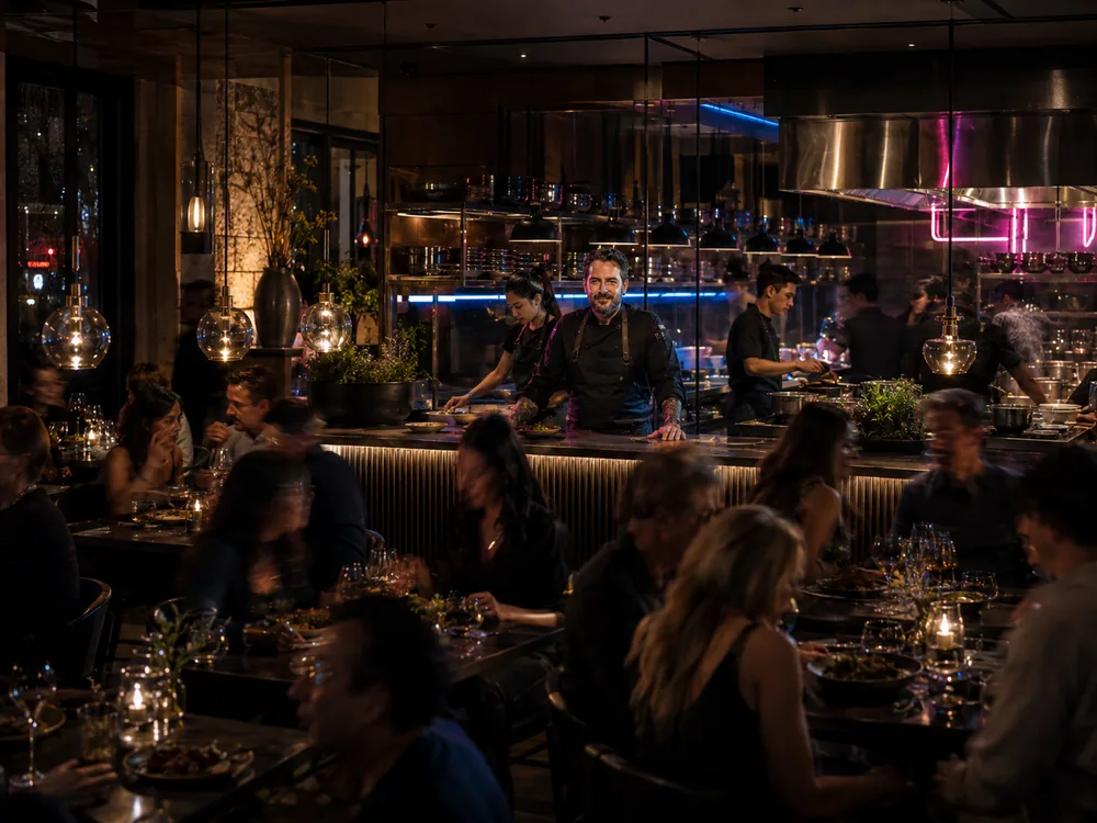 A full dining room at service, diners at every table and the open kitchen lit behind.