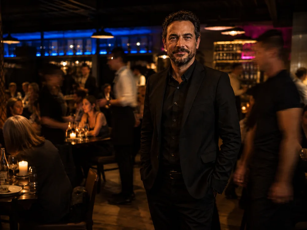 An owner standing still in a full dining room while staff and diners move around him.