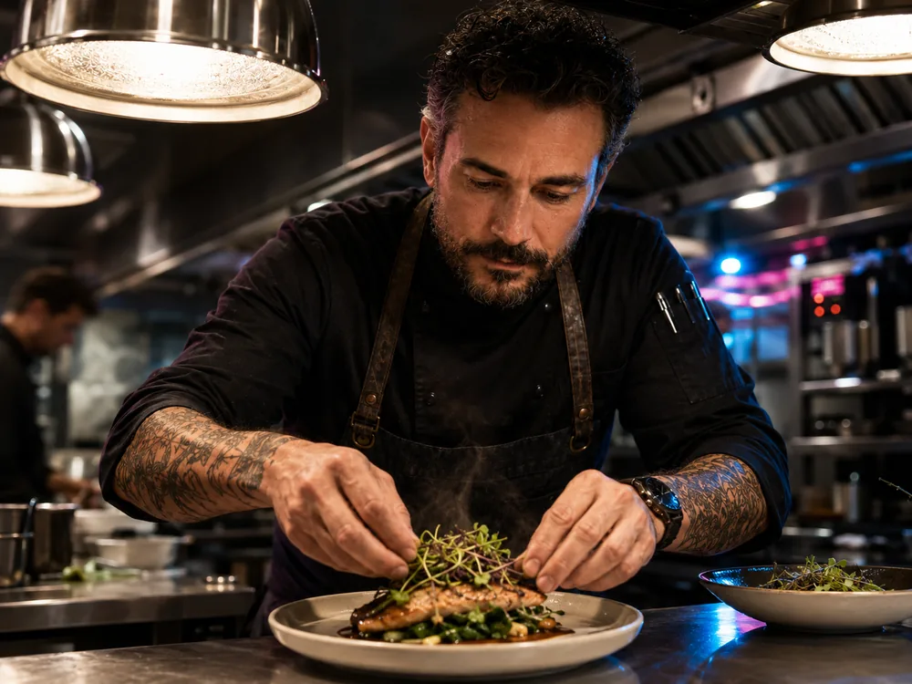 A chef finishing a plate under the pass lights, both hands working.
