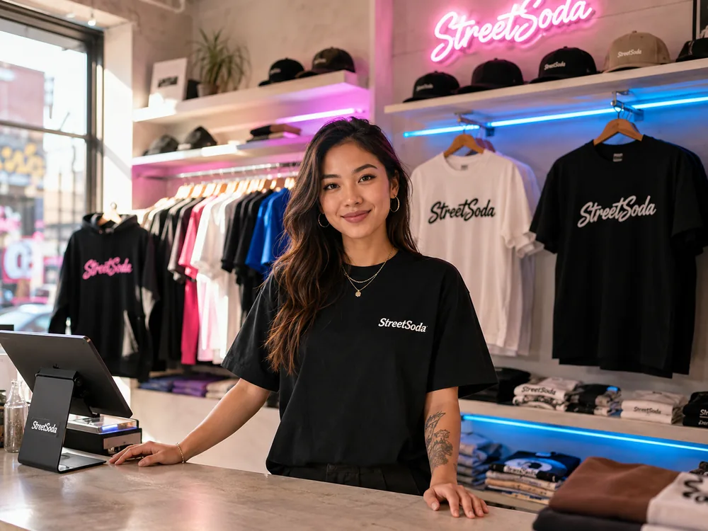 The shop owner behind the StreetSoda counter, looking straight at the camera, neon sign and stock wall behind her.