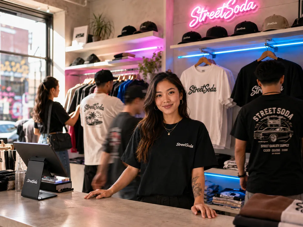 The shop open and busy, customers browsing the rails while the owner stands at the counter.
